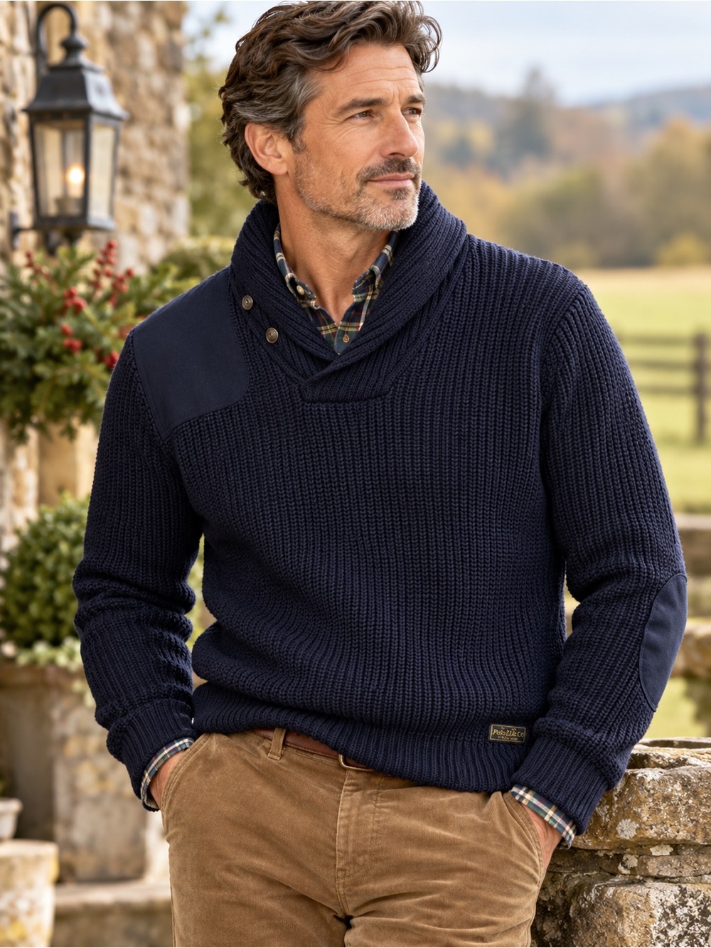 VTG Polo Ralph Lauren Navy Cotton Shawl Collar Sweater Elbow Patches Men’s L